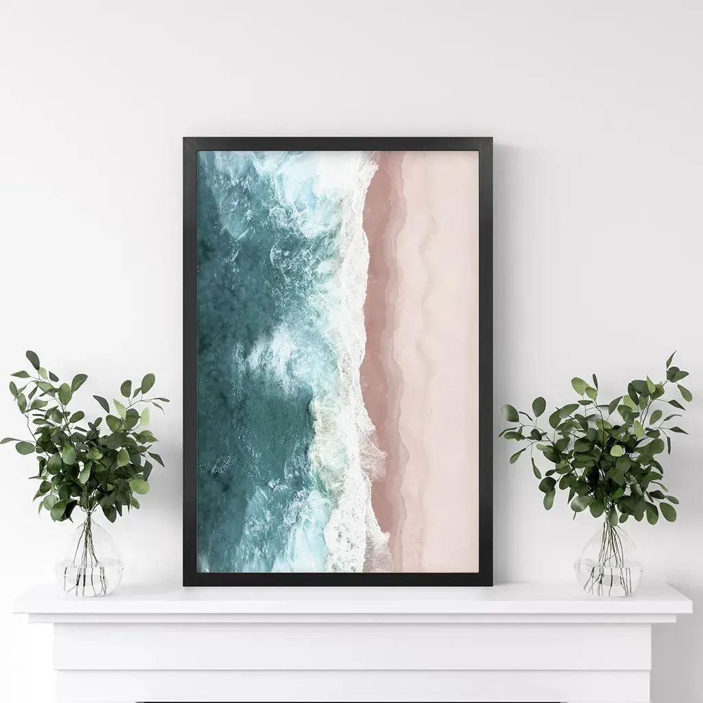 Ocean Aerial Print. Neutral Pink Beach, Blue Waves