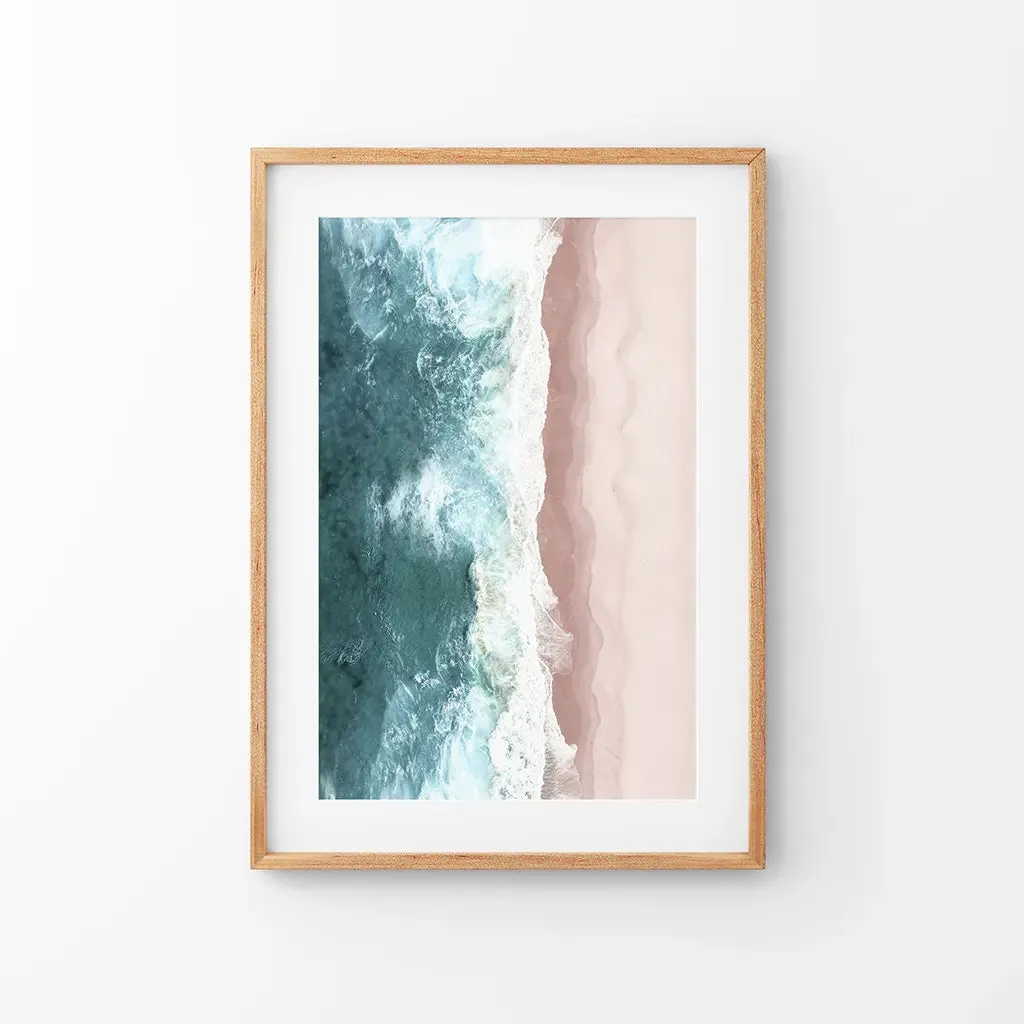 Ocean Aerial Print. Neutral Pink Beach, Blue Waves