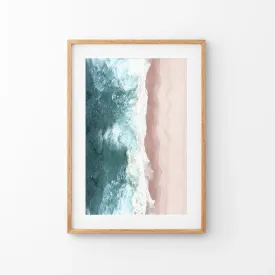 Ocean Aerial Print. Neutral Pink Beach, Blue Waves