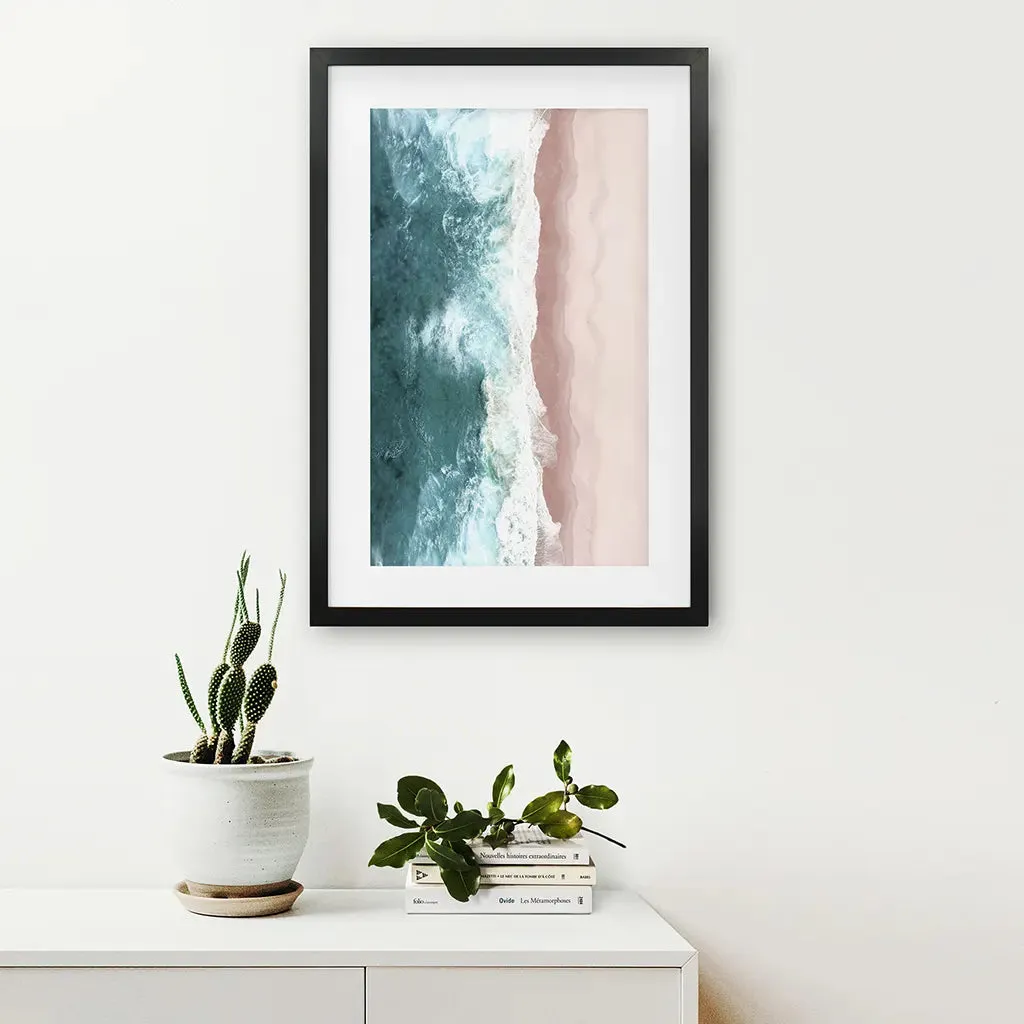 Ocean Aerial Print. Neutral Pink Beach, Blue Waves