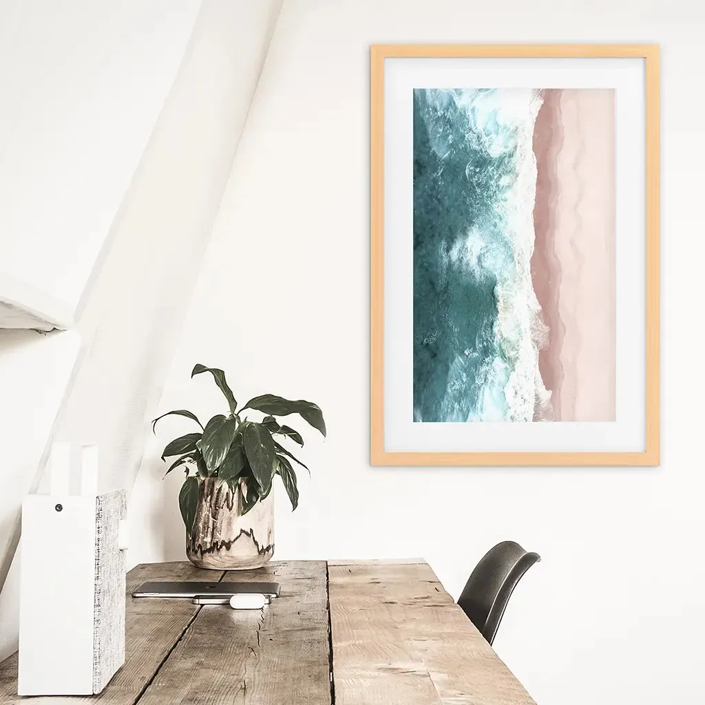 Ocean Aerial Print. Neutral Pink Beach, Blue Waves