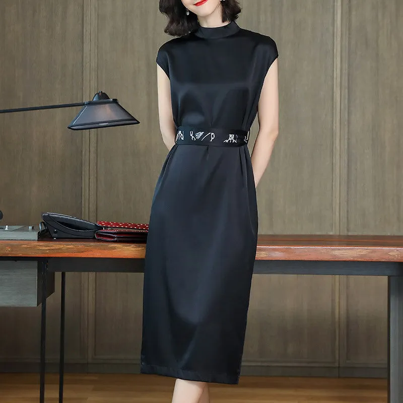 Odelia Cap Sleeve Waist Belted Sheath Silk Dress