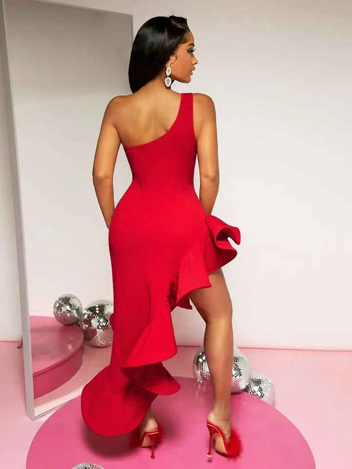 One Shoulder Exaggerated Ruffle Asymmetrical Hem Dress in red