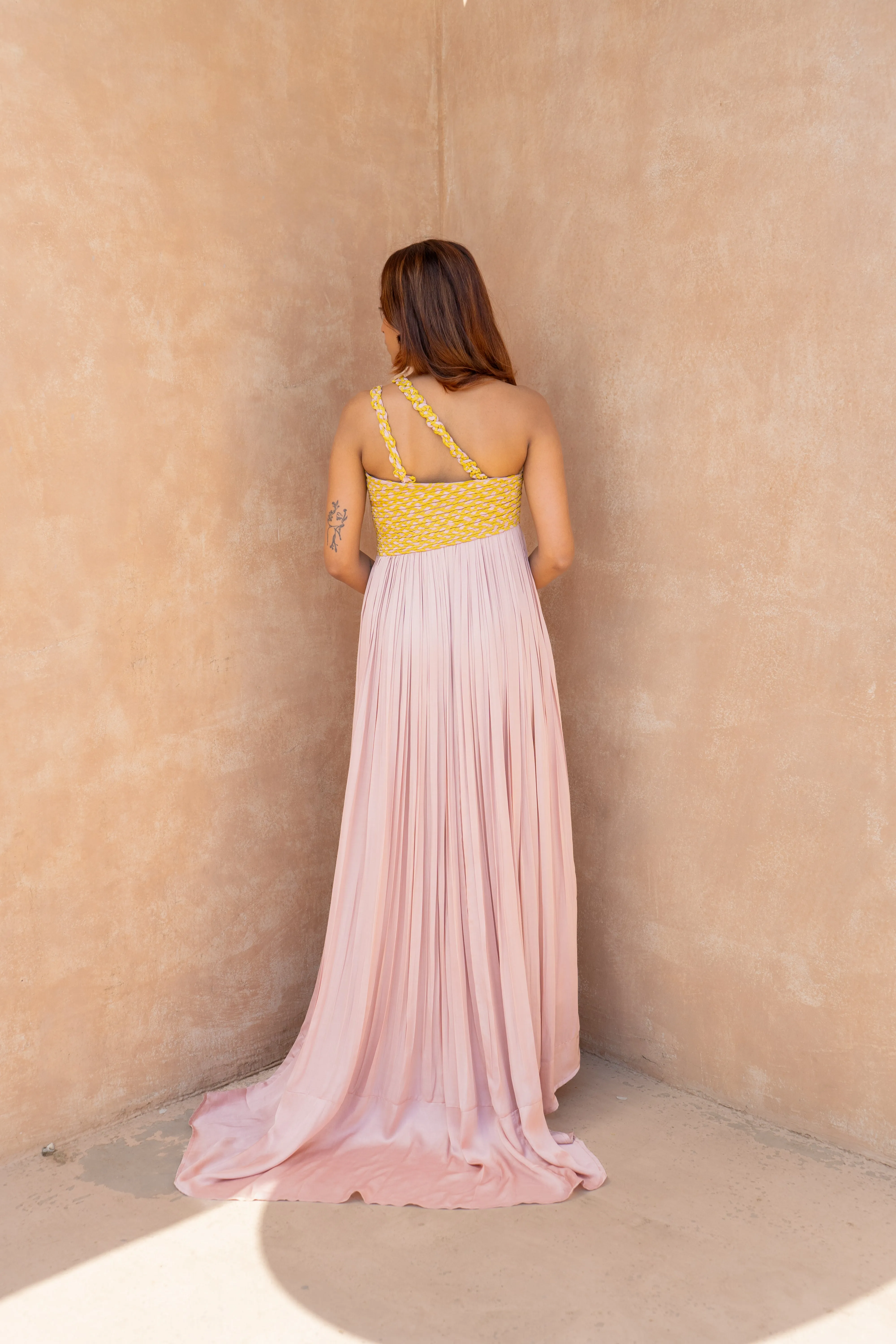 Pink Yellow Braided Bustier Gather Gown