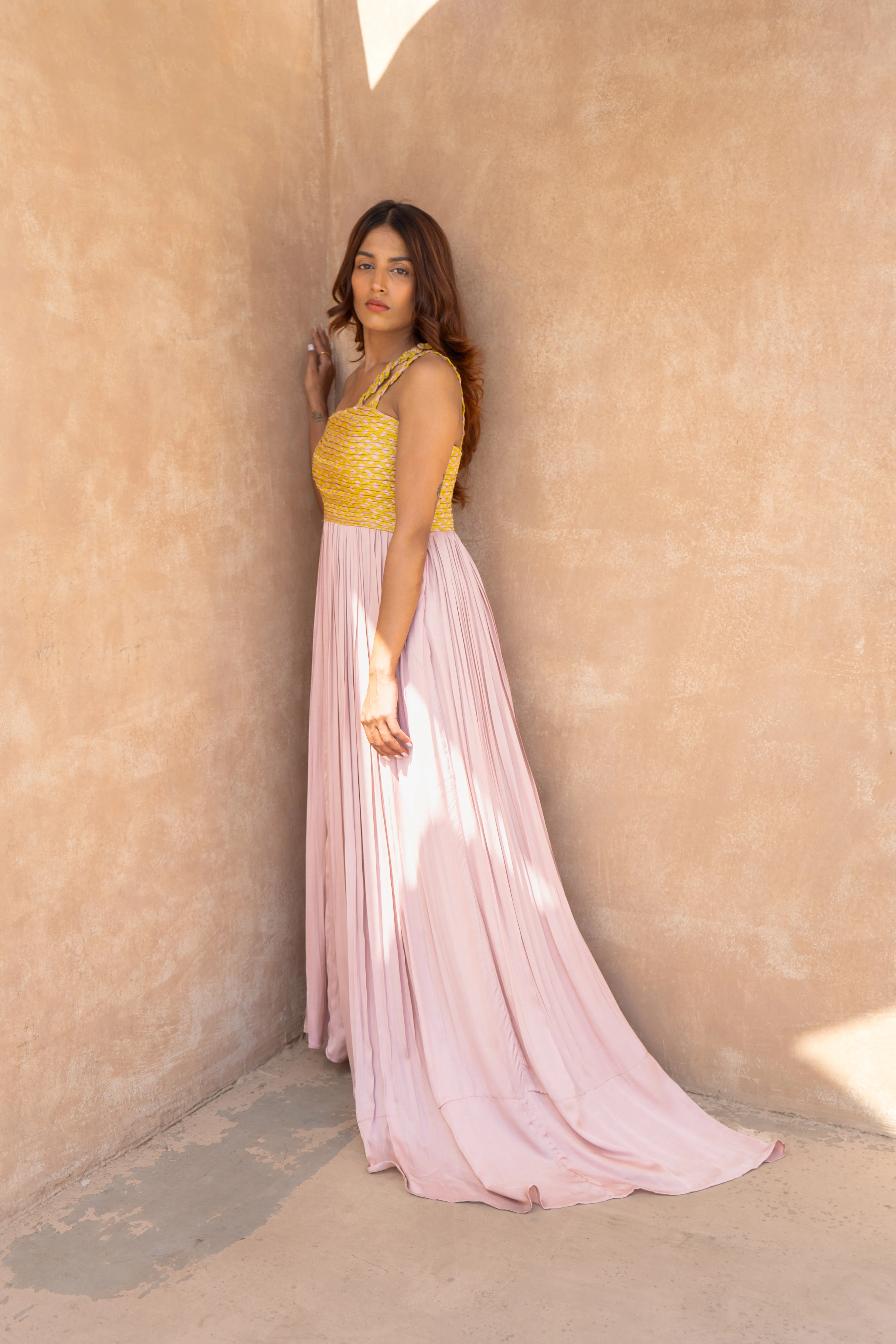 Pink Yellow Braided Bustier Gather Gown