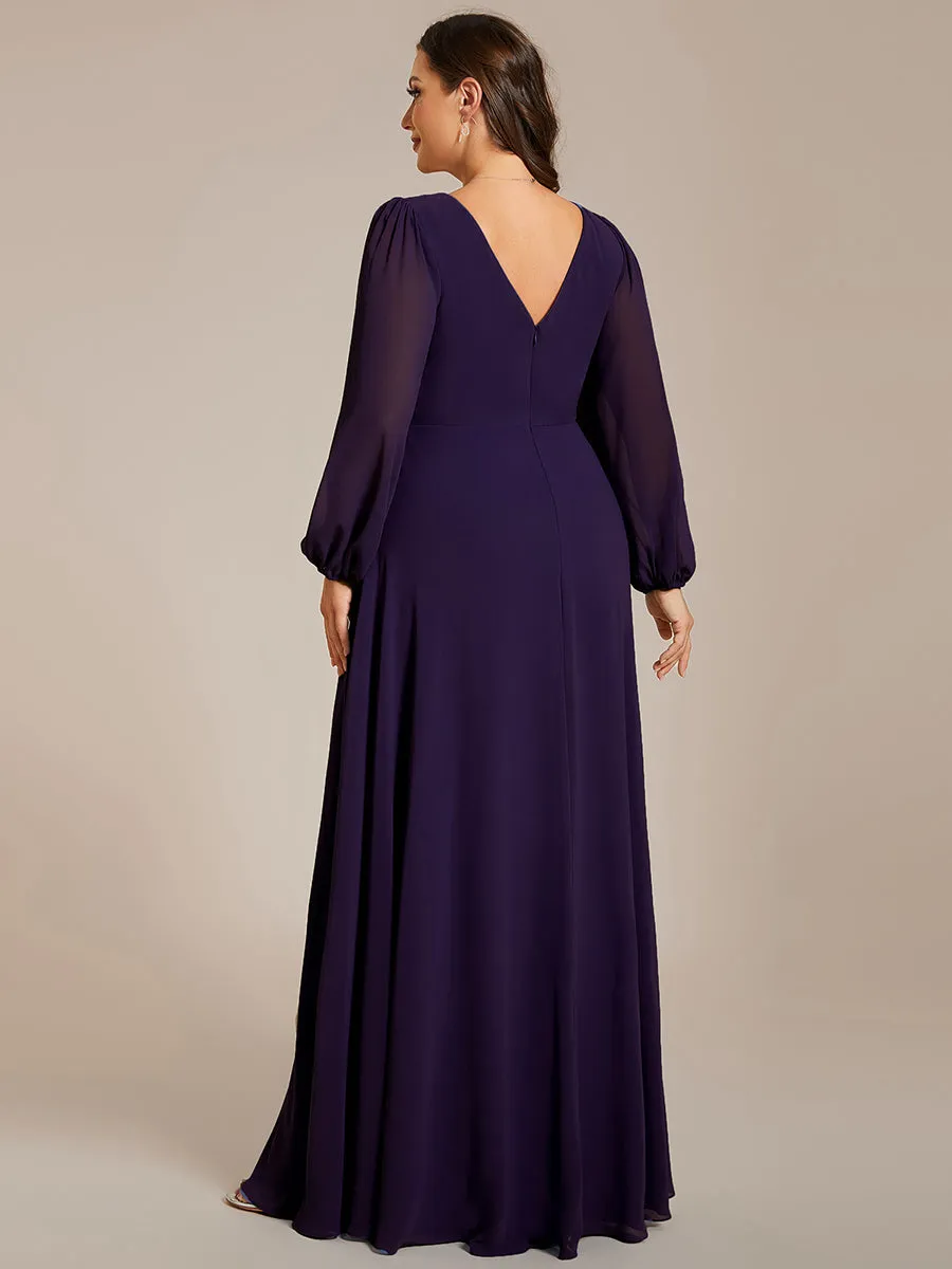 Plus Elegant waisted chiffon V-neck long sleeve guest dress wholesale