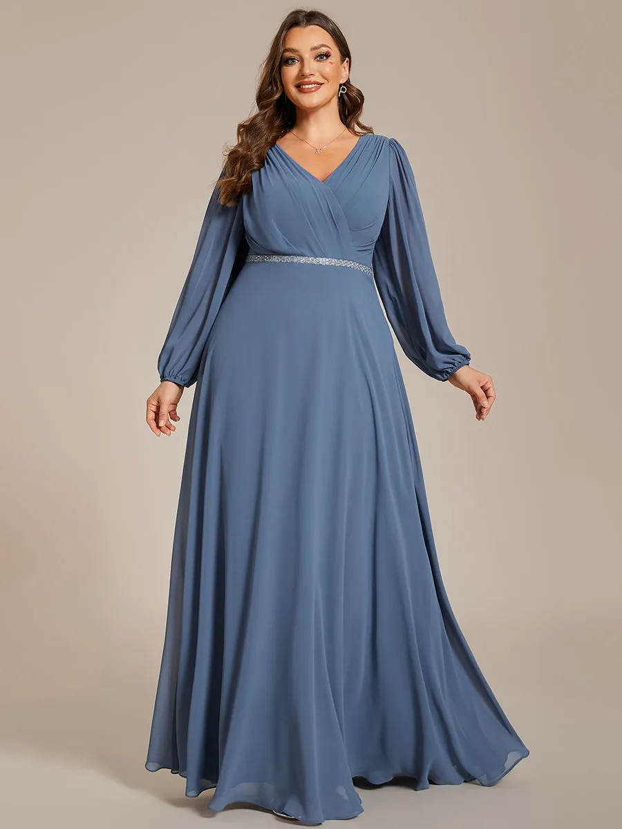 Plus Elegant waisted chiffon V-neck long sleeve guest dress wholesale