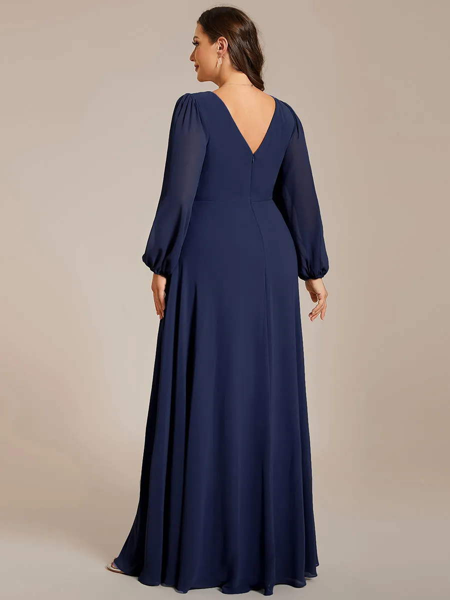 Plus Elegant waisted chiffon V-neck long sleeve guest dress wholesale