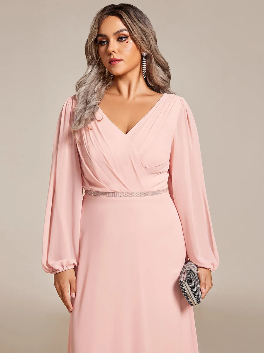 Plus Elegant waisted chiffon V-neck long sleeve guest dress wholesale