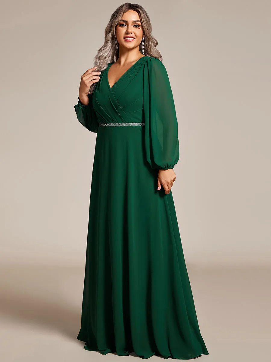 Plus Elegant waisted chiffon V-neck long sleeve guest dress wholesale