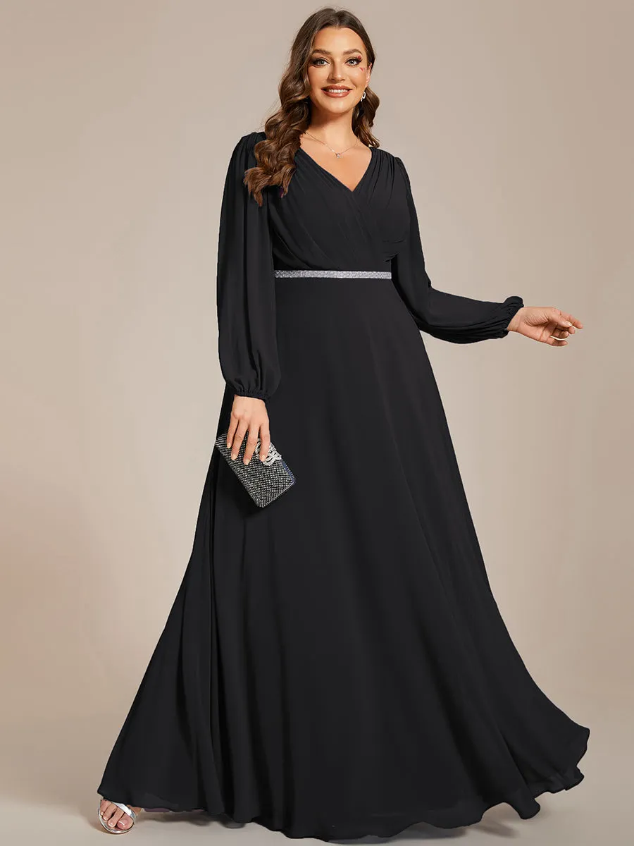 Plus Elegant waisted chiffon V-neck long sleeve guest dress wholesale