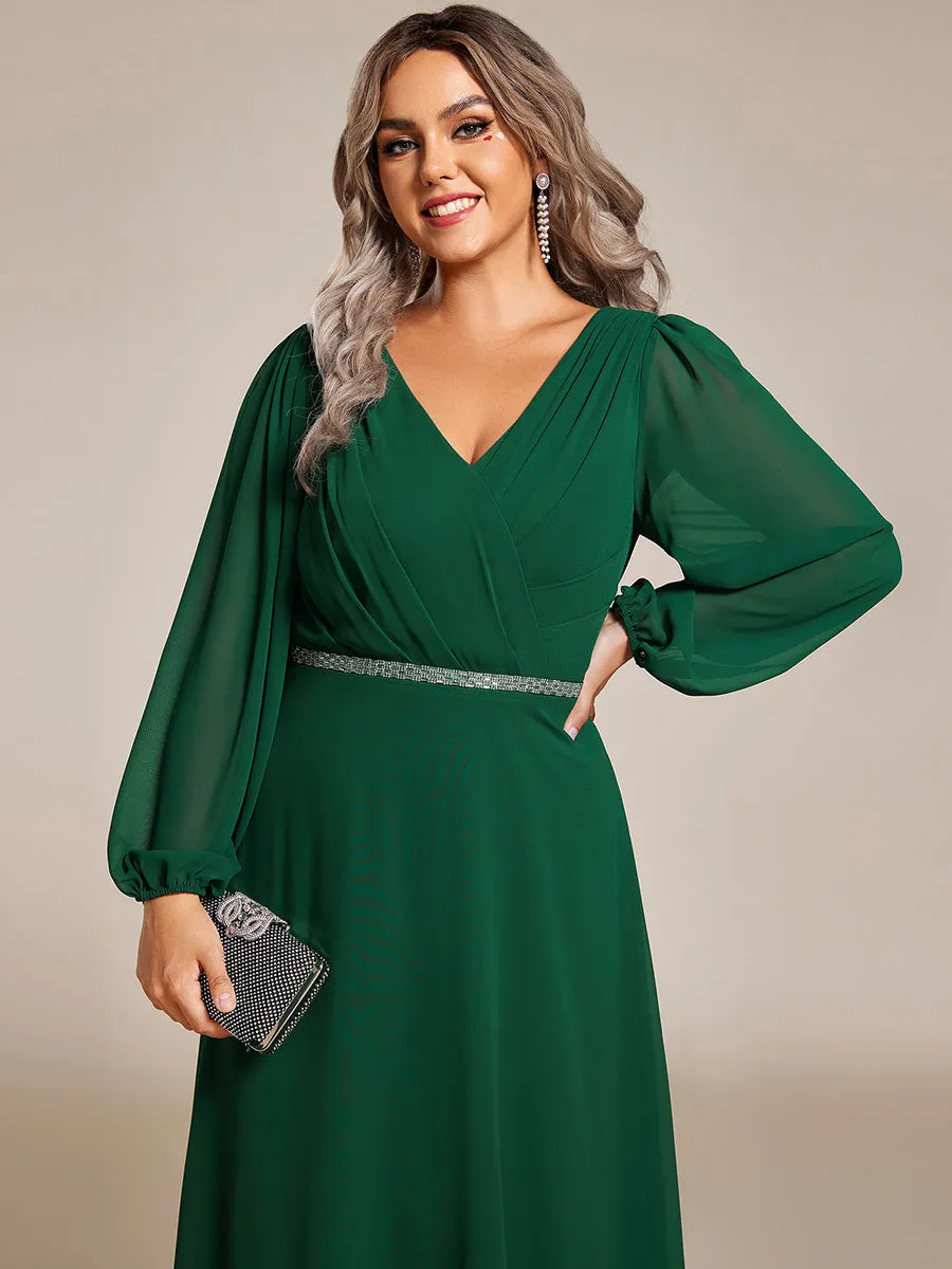 Plus Elegant waisted chiffon V-neck long sleeve guest dress wholesale