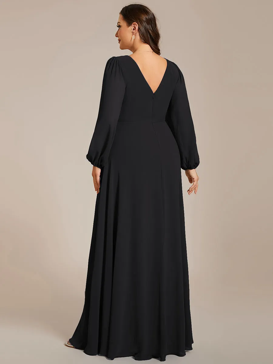 Plus Elegant waisted chiffon V-neck long sleeve guest dress wholesale