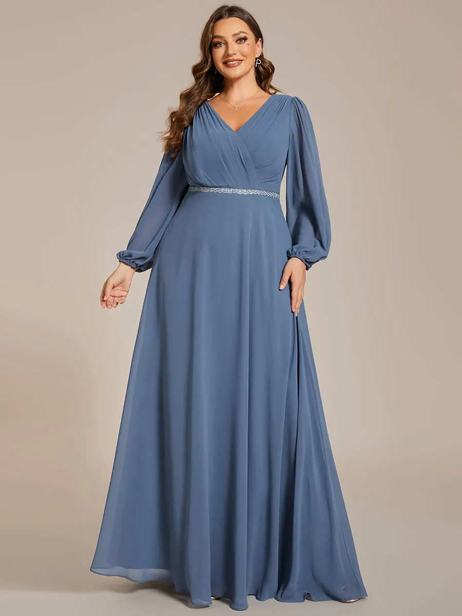 Plus Elegant waisted chiffon V-neck long sleeve guest dress wholesale