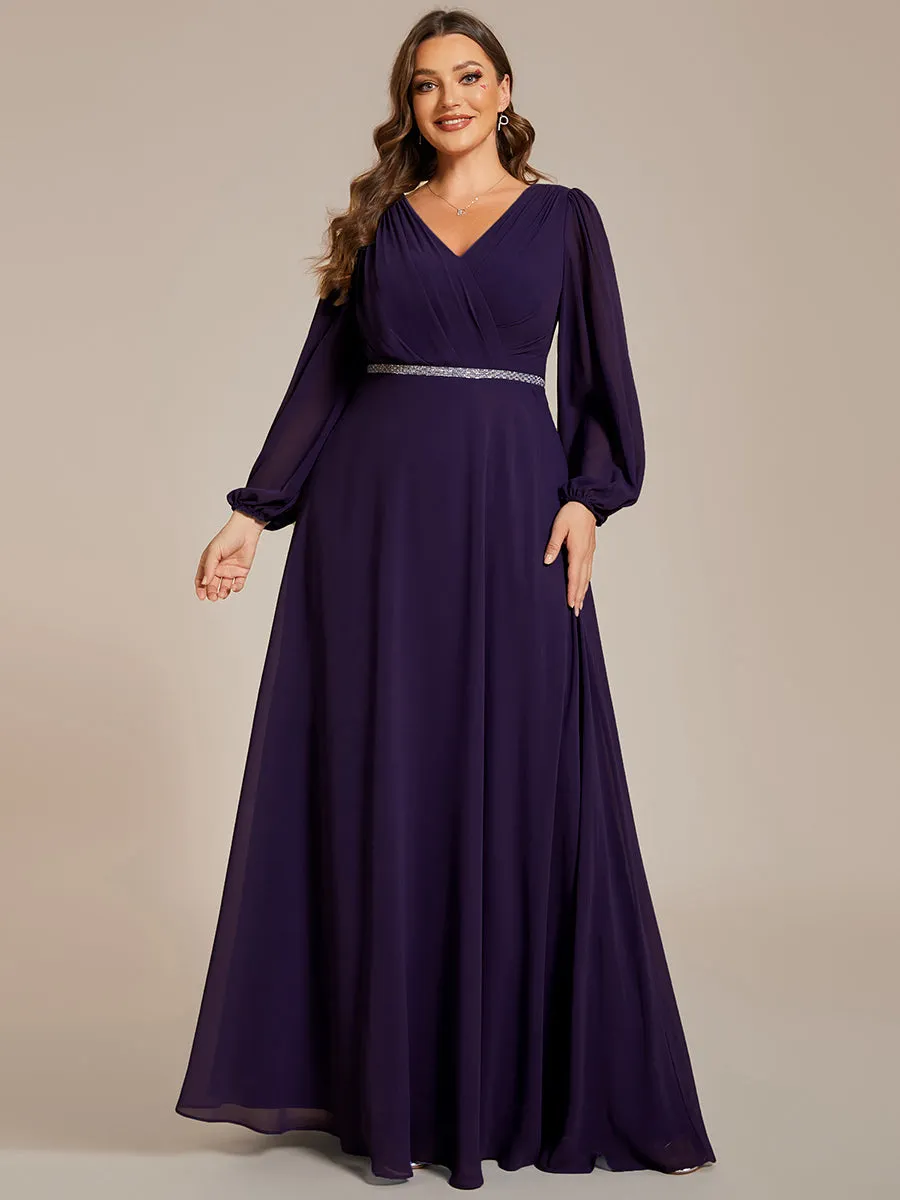 Plus Elegant waisted chiffon V-neck long sleeve guest dress wholesale