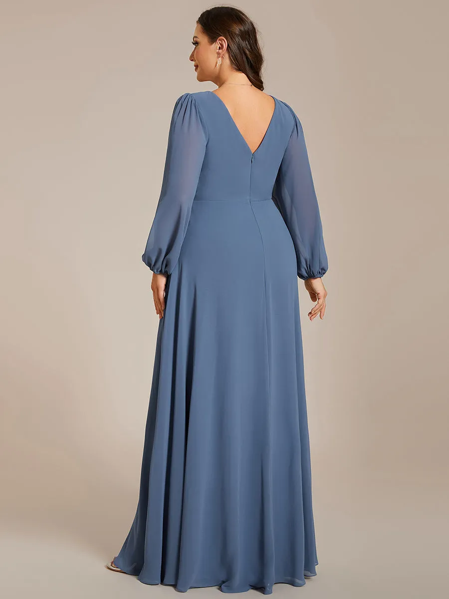 Plus Elegant waisted chiffon V-neck long sleeve guest dress wholesale