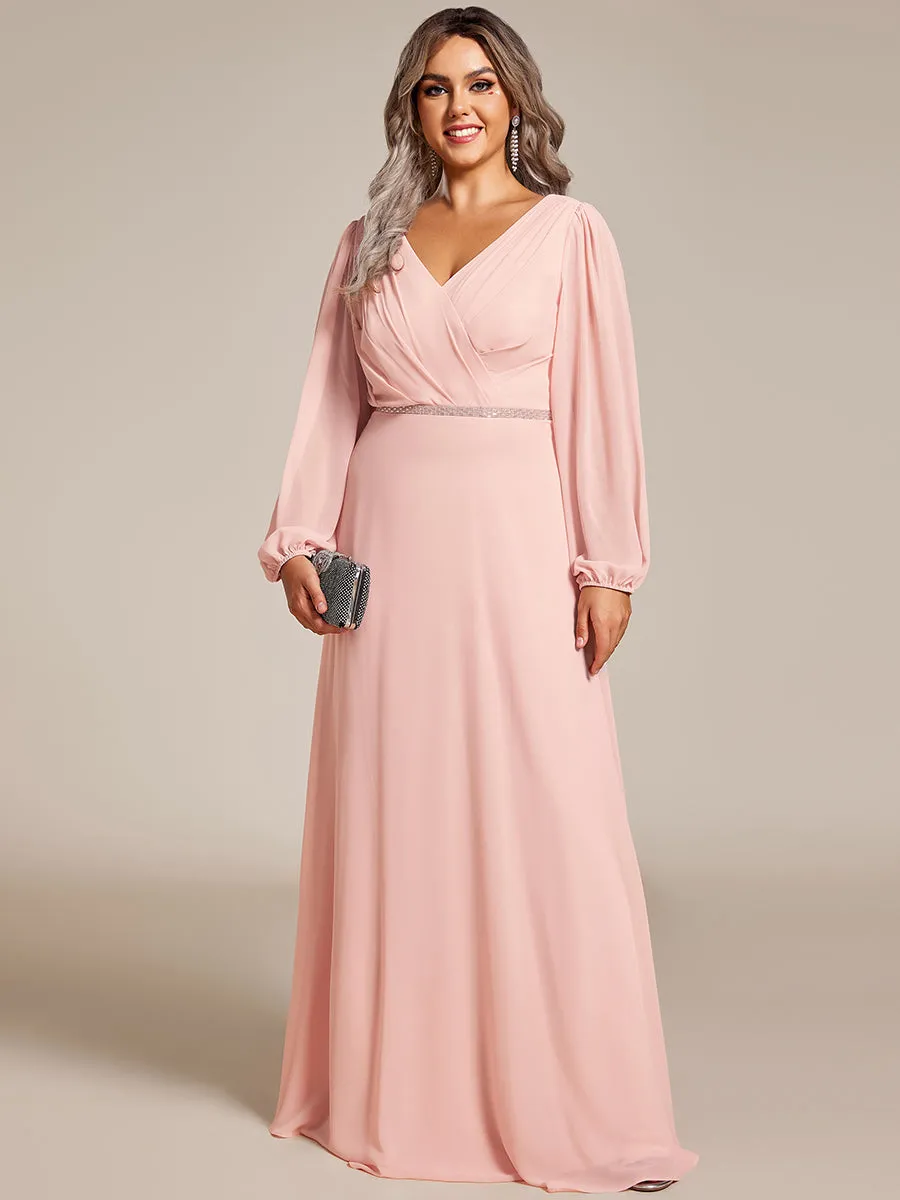 Plus Elegant waisted chiffon V-neck long sleeve guest dress wholesale