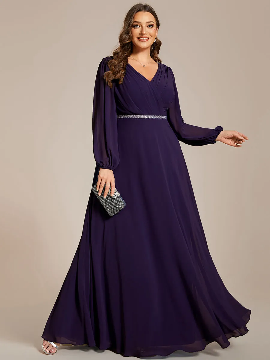 Plus Elegant waisted chiffon V-neck long sleeve guest dress wholesale