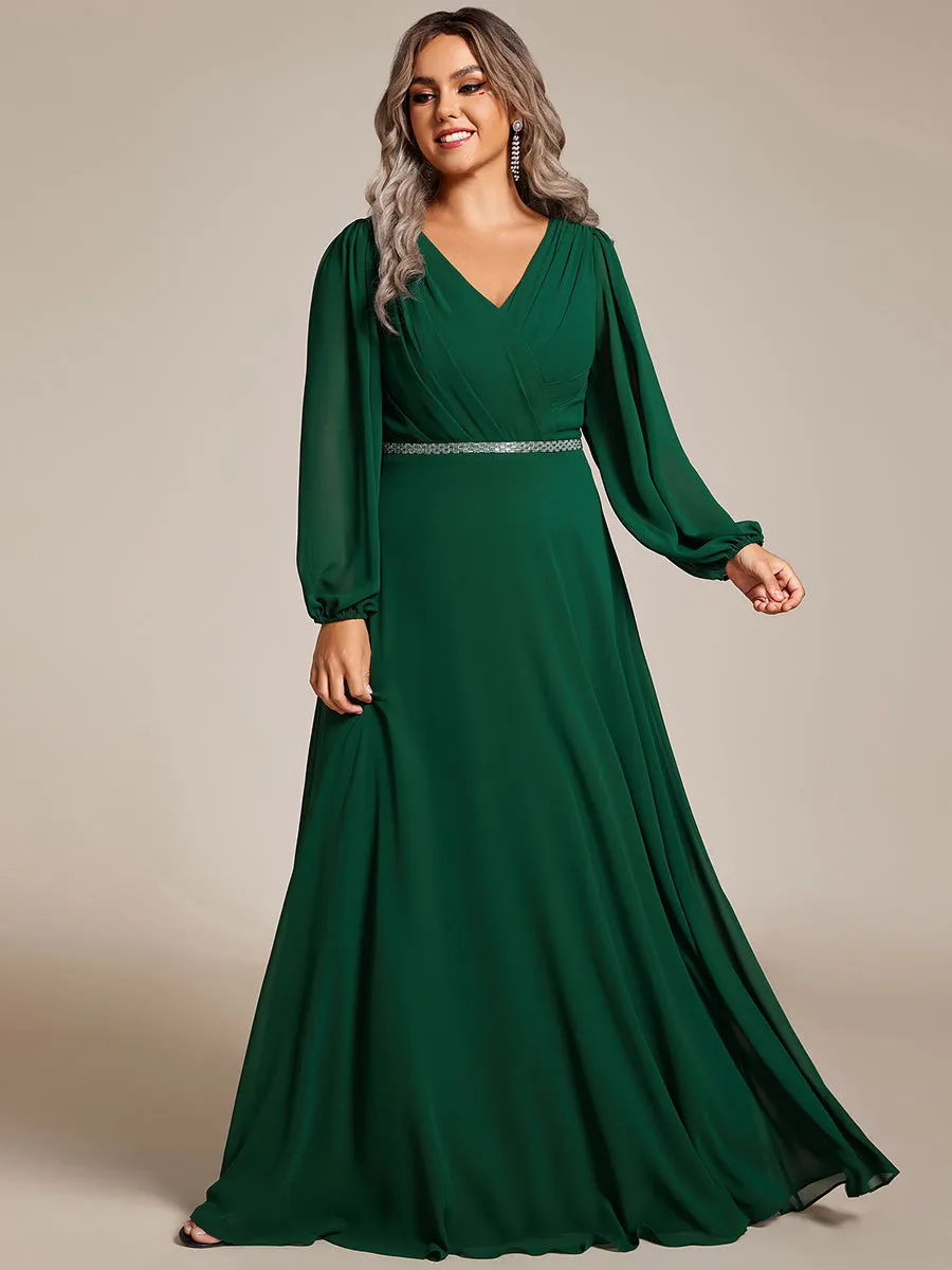 Plus Elegant waisted chiffon V-neck long sleeve guest dress wholesale