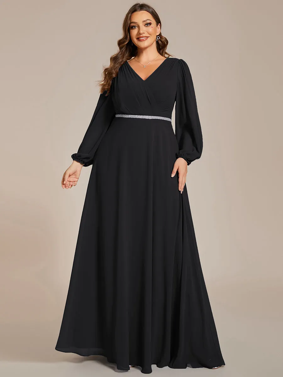 Plus Elegant waisted chiffon V-neck long sleeve guest dress wholesale