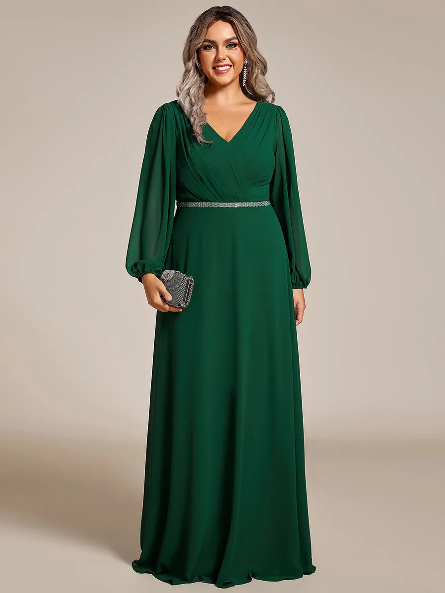 Plus Elegant waisted chiffon V-neck long sleeve guest dress wholesale