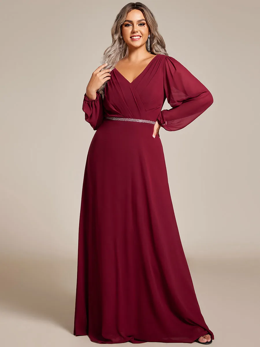 Plus Elegant waisted chiffon V-neck long sleeve guest dress wholesale