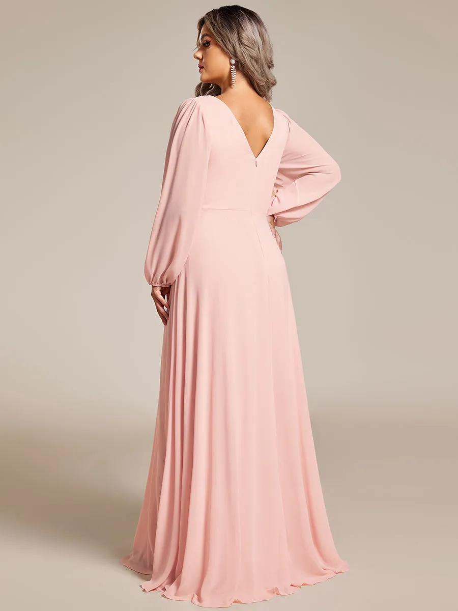 Plus Elegant waisted chiffon V-neck long sleeve guest dress wholesale