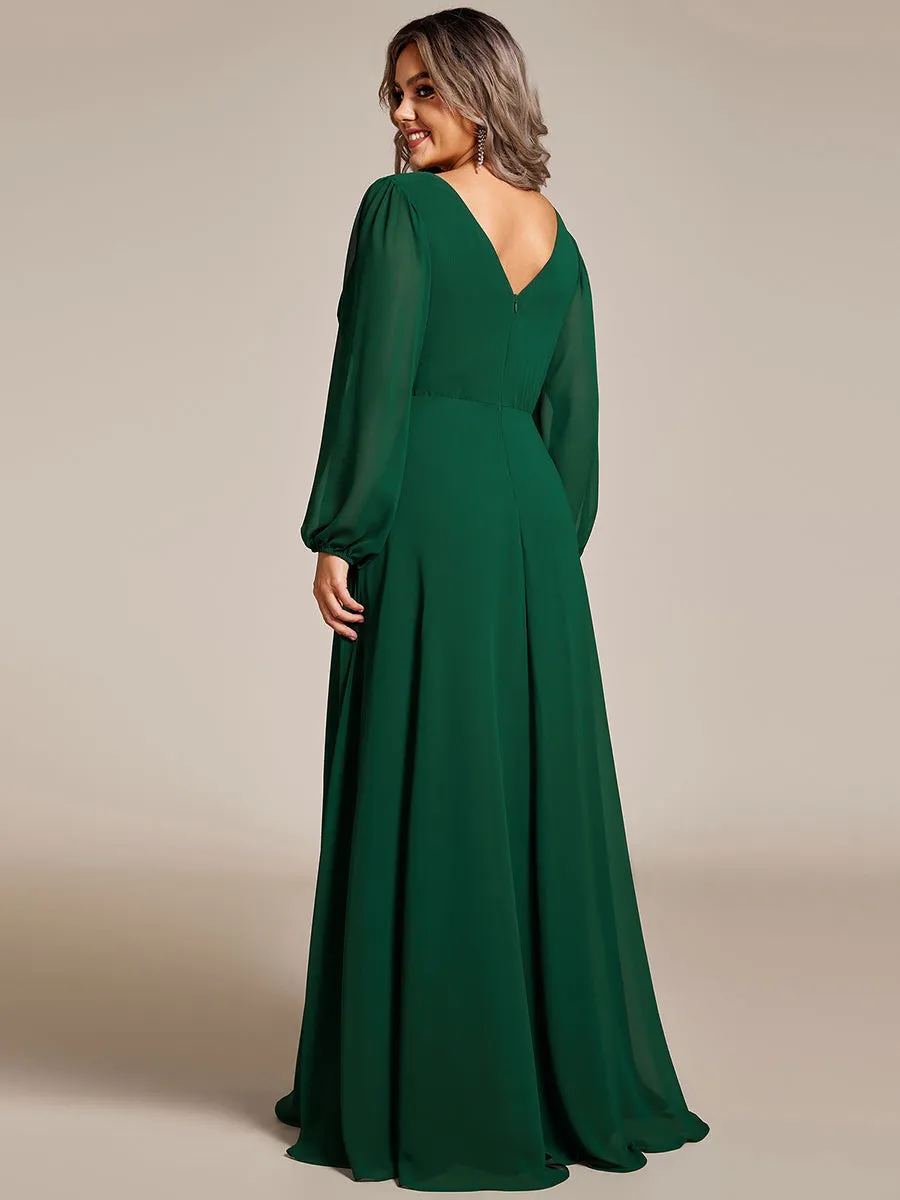 Plus Elegant waisted chiffon V-neck long sleeve guest dress wholesale