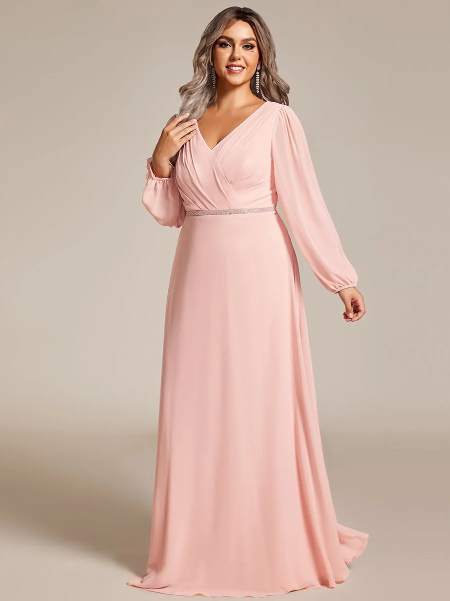 Plus Elegant waisted chiffon V-neck long sleeve guest dress wholesale