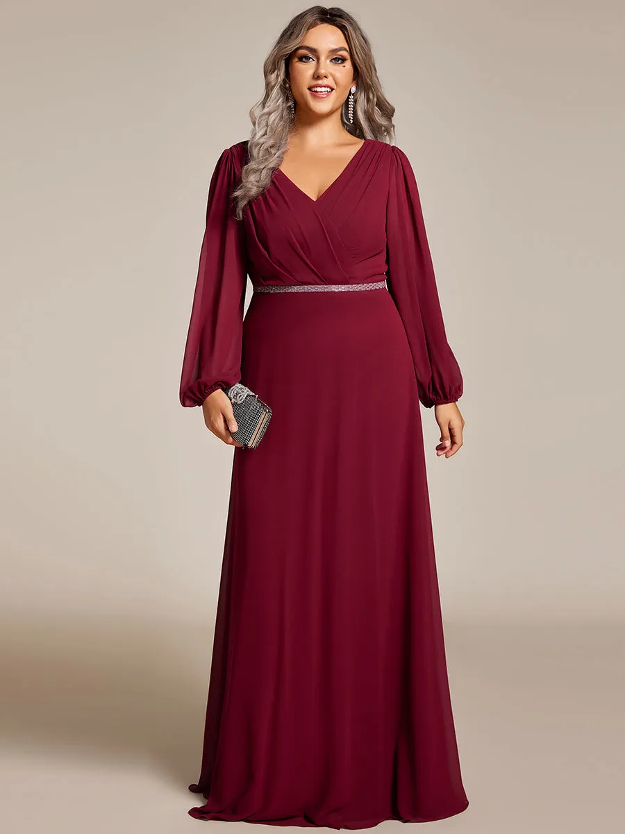 Plus Elegant waisted chiffon V-neck long sleeve guest dress wholesale