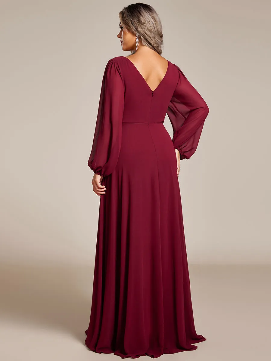 Plus Elegant waisted chiffon V-neck long sleeve guest dress wholesale