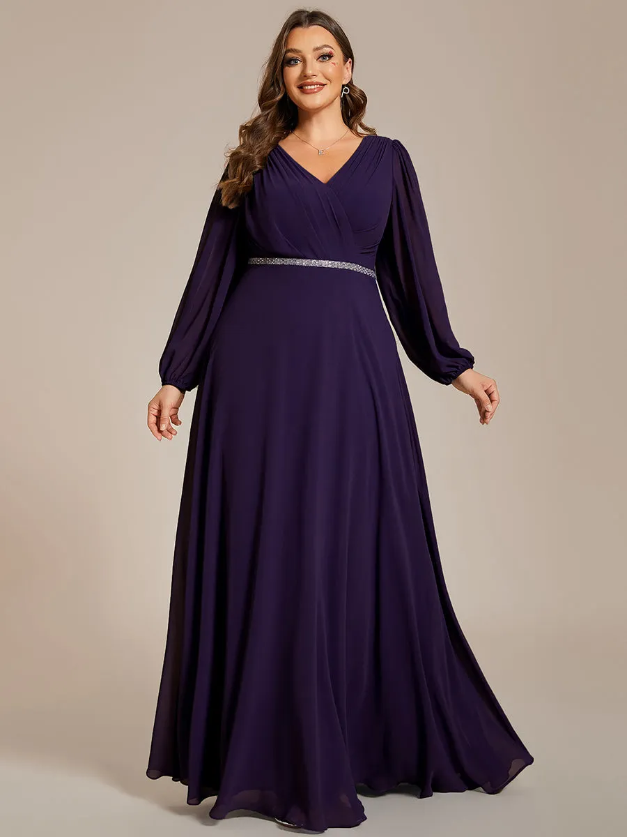 Plus Elegant waisted chiffon V-neck long sleeve guest dress wholesale