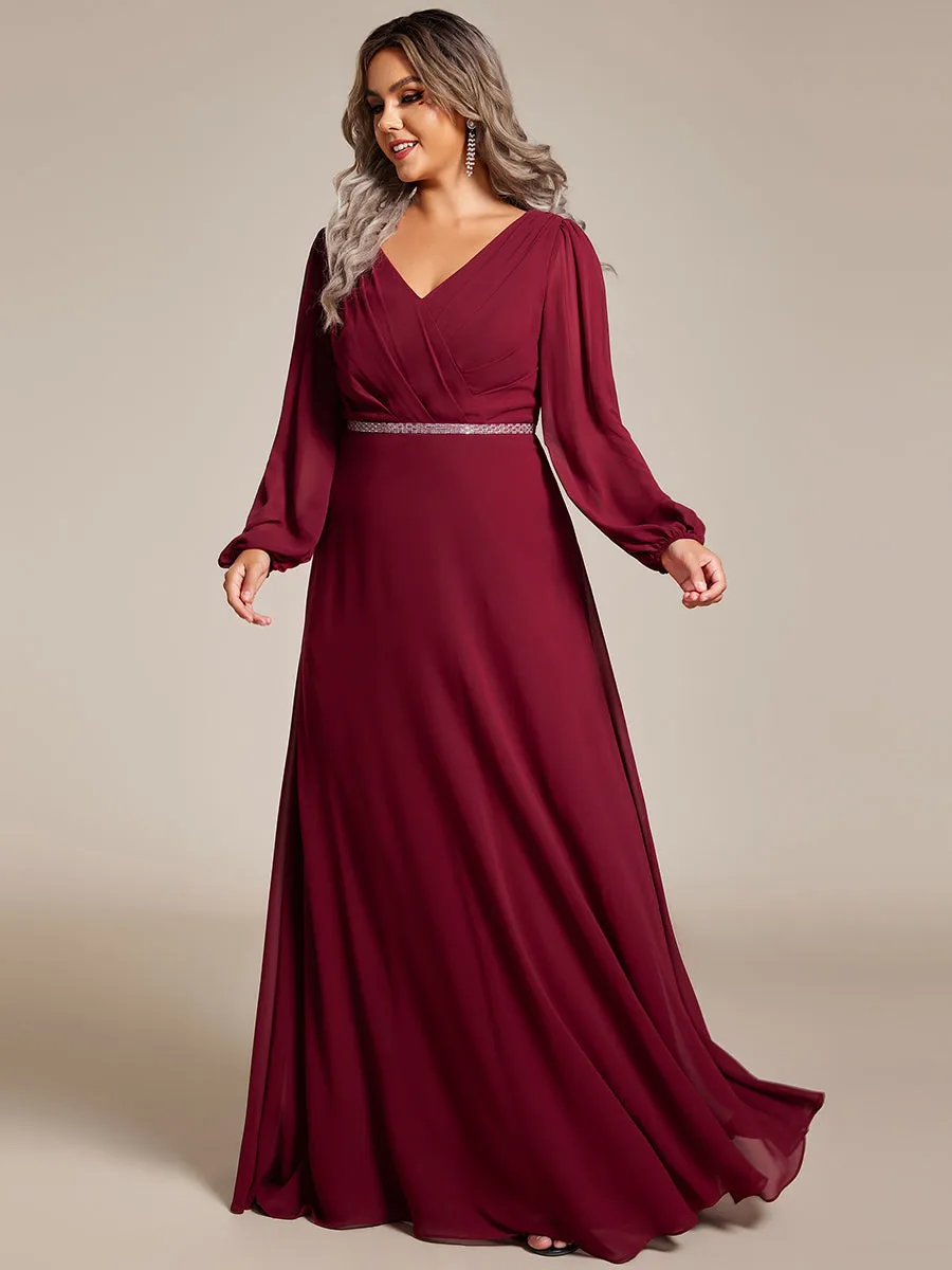 Plus Elegant waisted chiffon V-neck long sleeve guest dress wholesale