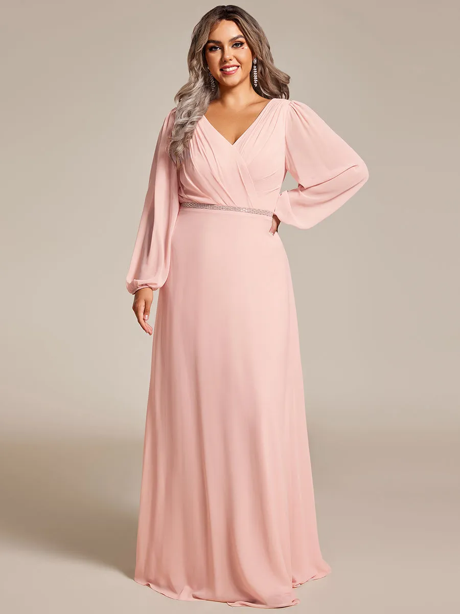 Plus Elegant waisted chiffon V-neck long sleeve guest dress wholesale