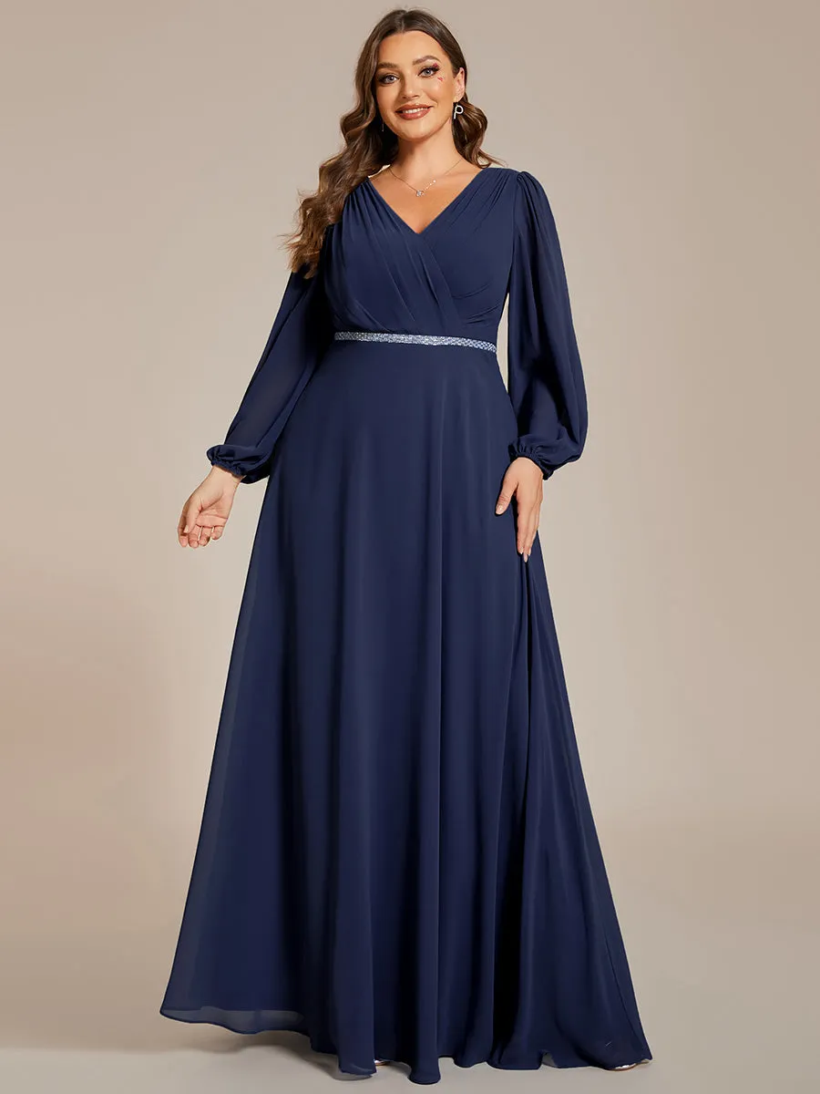 Plus Elegant waisted chiffon V-neck long sleeve guest dress wholesale