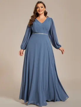 Plus Elegant waisted chiffon V-neck long sleeve guest dress wholesale