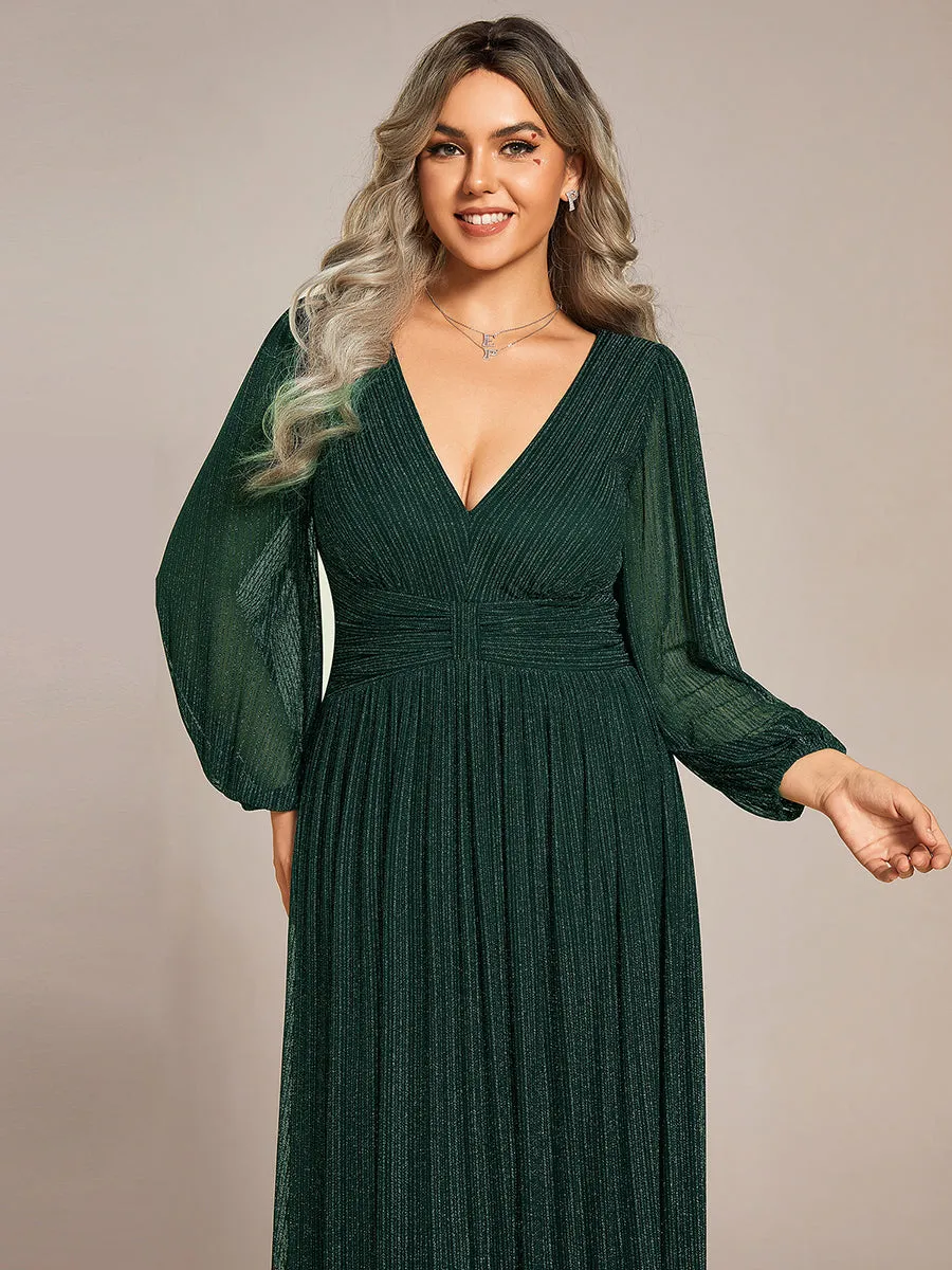 Plus Size Maxi Long Chiffon Waist  V Neck Wholesale Evening Dress with Long Sleeves