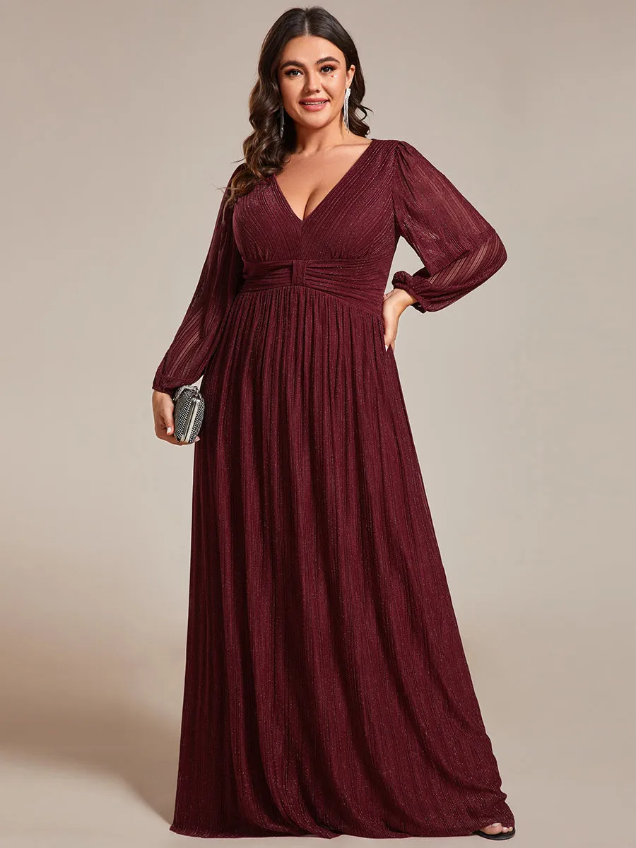 Plus Size Maxi Long Chiffon Waist  V Neck Wholesale Evening Dress with Long Sleeves