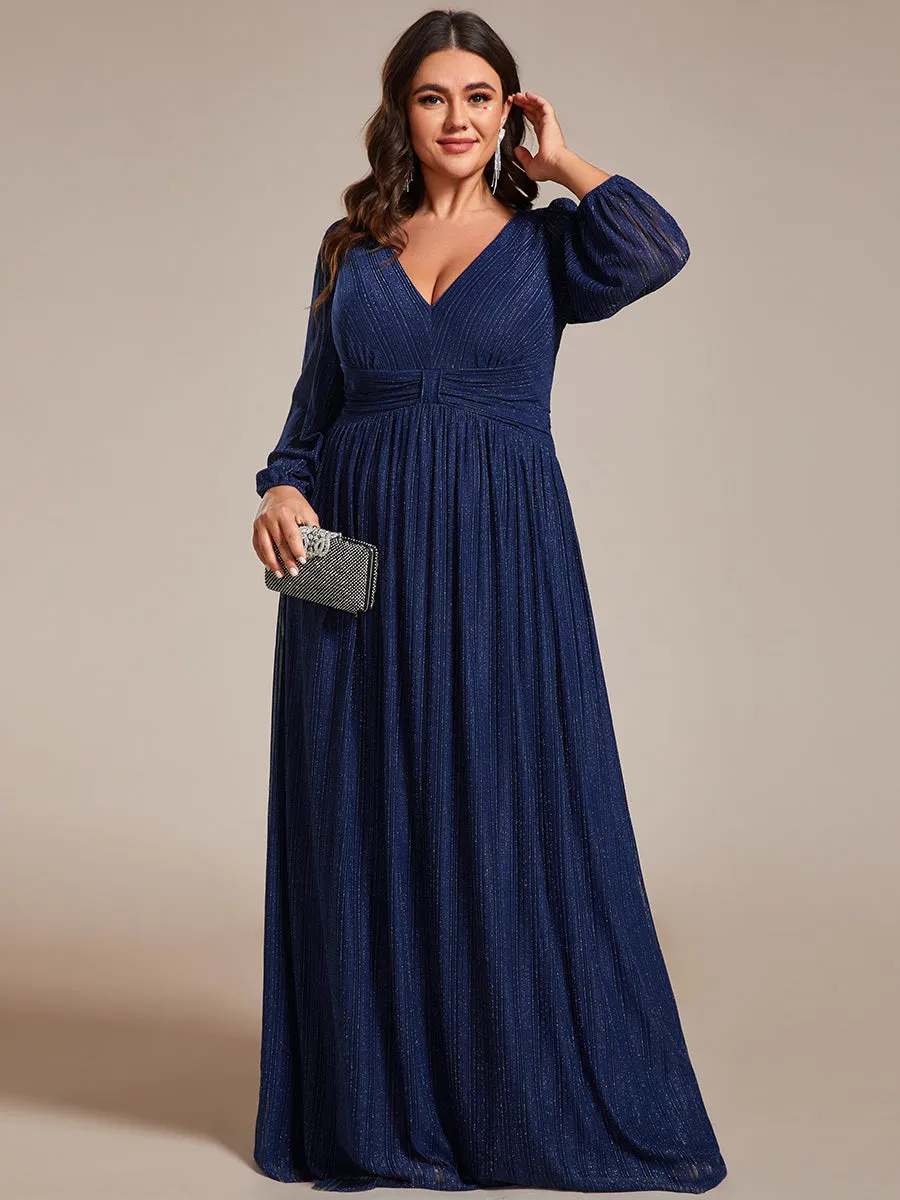 Plus Size Maxi Long Chiffon Waist  V Neck Wholesale Evening Dress with Long Sleeves