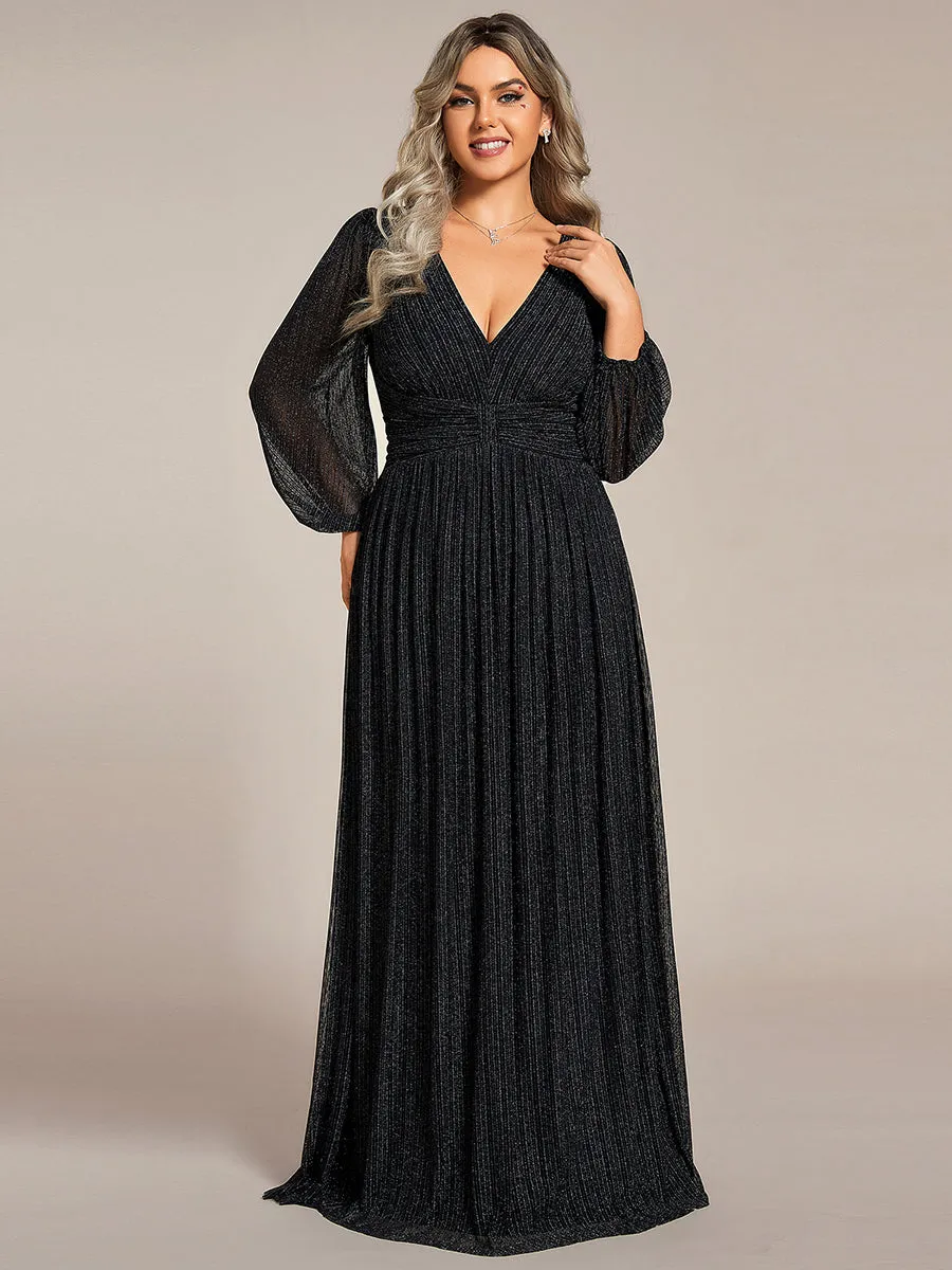 Plus Size Maxi Long Chiffon Waist  V Neck Wholesale Evening Dress with Long Sleeves