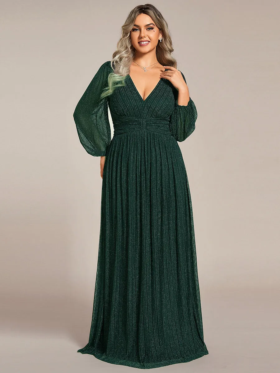 Plus Size Maxi Long Chiffon Waist  V Neck Wholesale Evening Dress with Long Sleeves