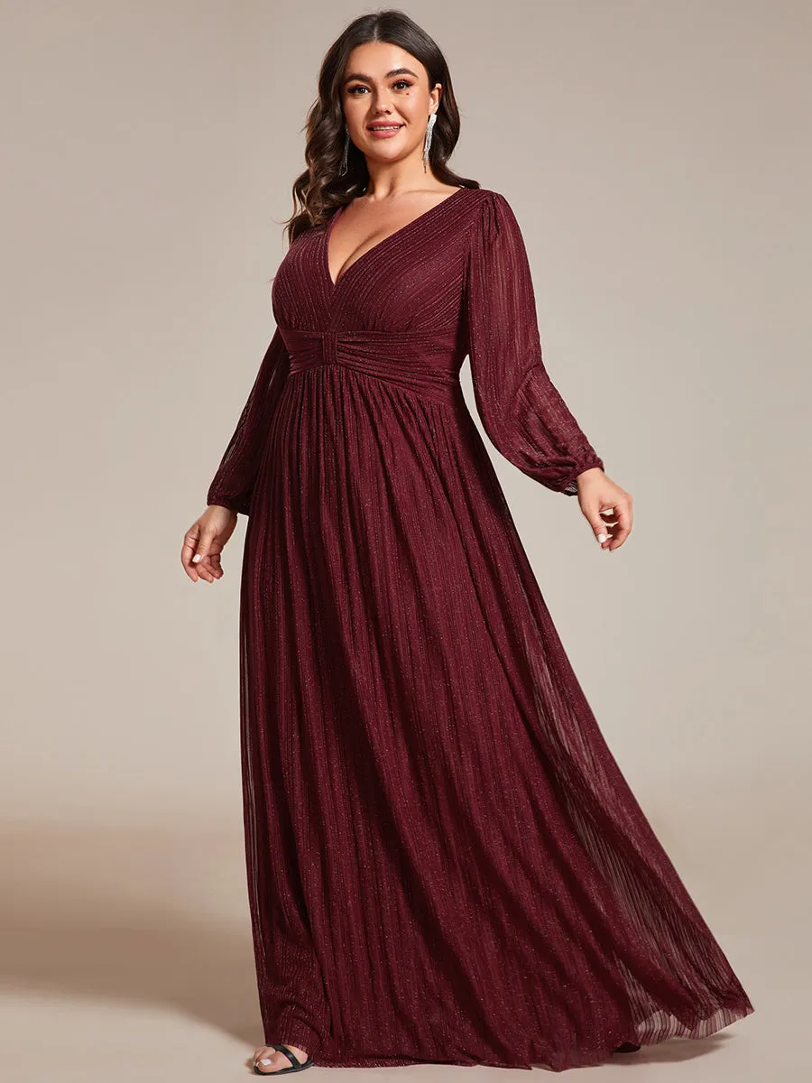 Plus Size Maxi Long Chiffon Waist  V Neck Wholesale Evening Dress with Long Sleeves