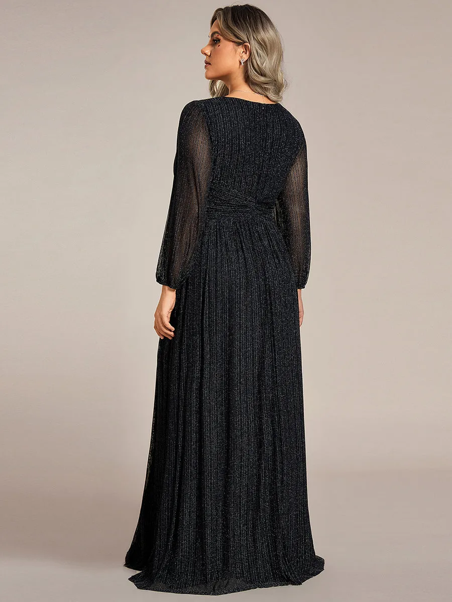 Plus Size Maxi Long Chiffon Waist  V Neck Wholesale Evening Dress with Long Sleeves