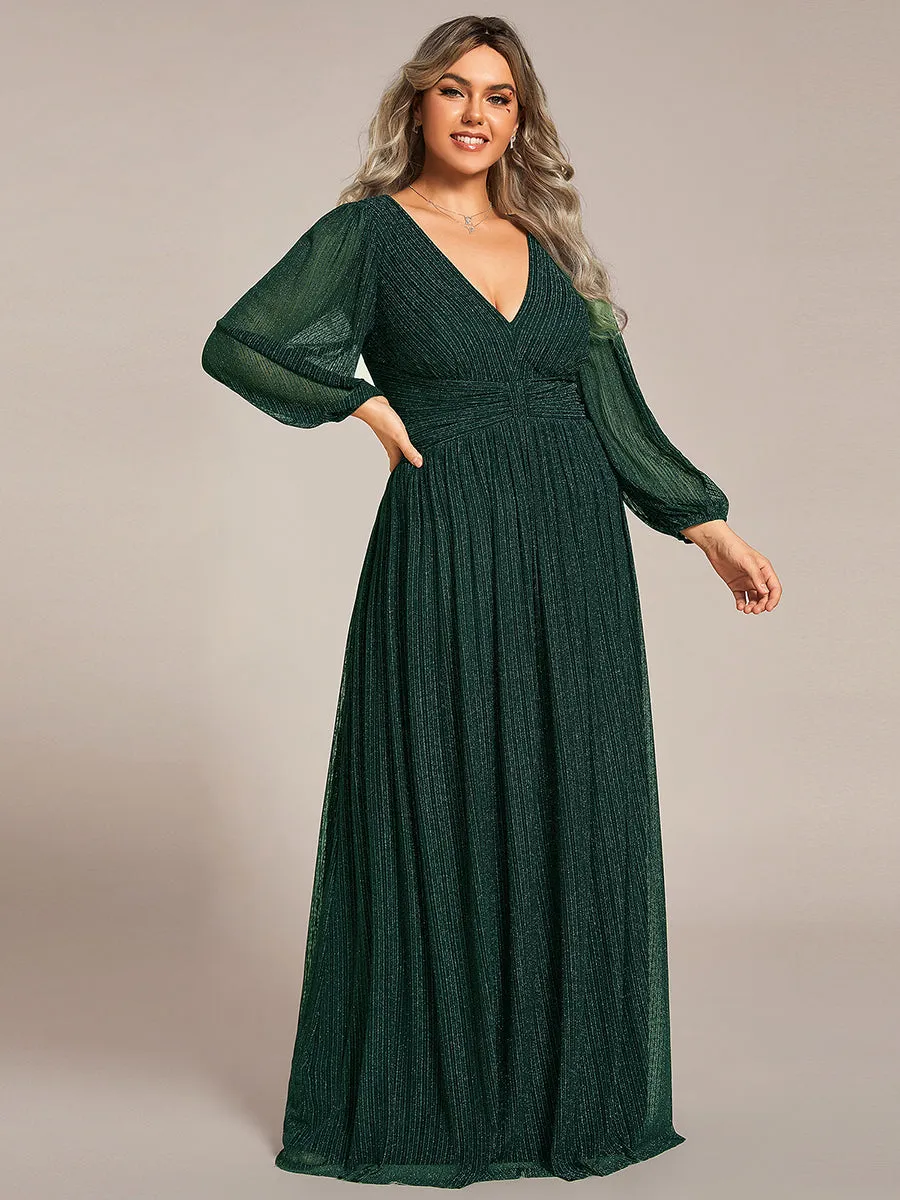 Plus Size Maxi Long Chiffon Waist  V Neck Wholesale Evening Dress with Long Sleeves