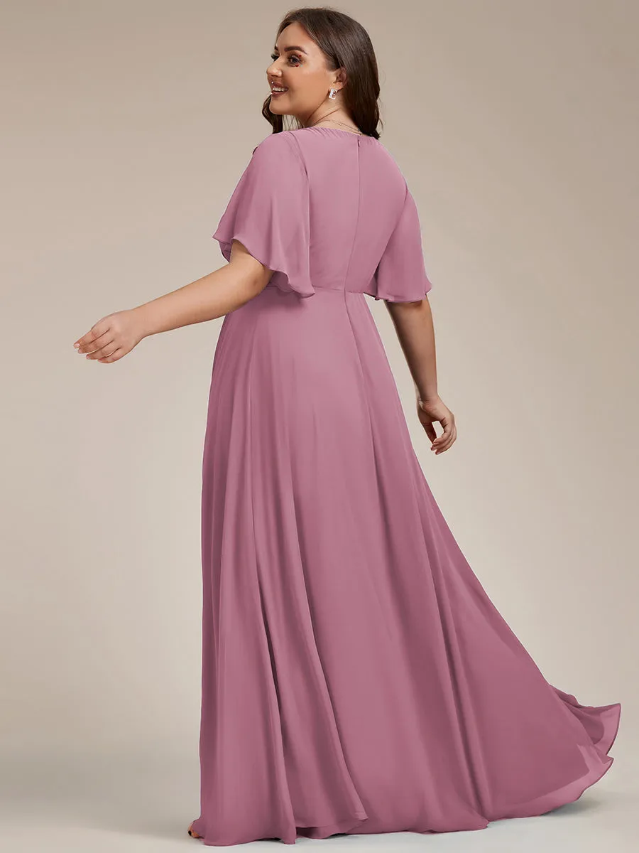 Plus Size Maxi Long Chiffon Waist  V Neck Wholesale Evening Dress with Long Sleeves