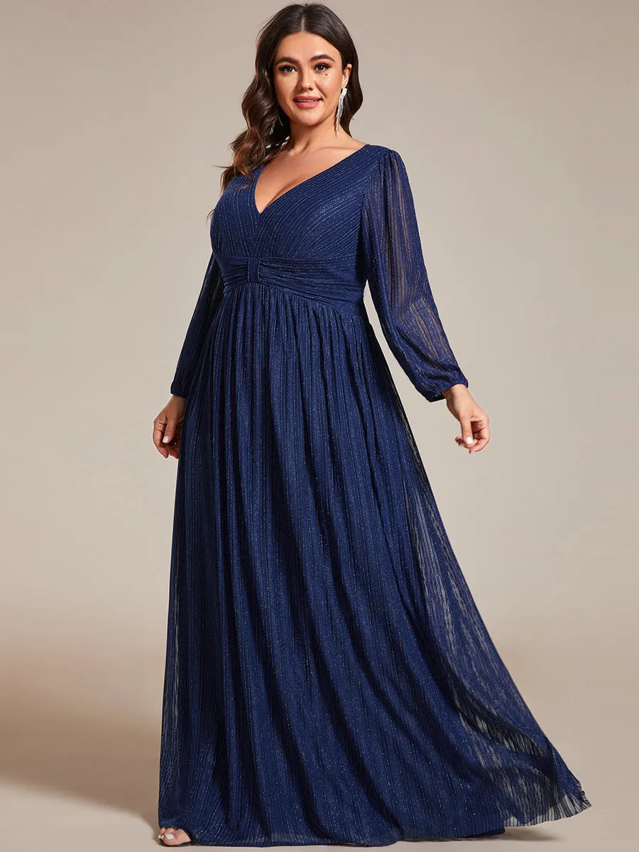 Plus Size Maxi Long Chiffon Waist  V Neck Wholesale Evening Dress with Long Sleeves