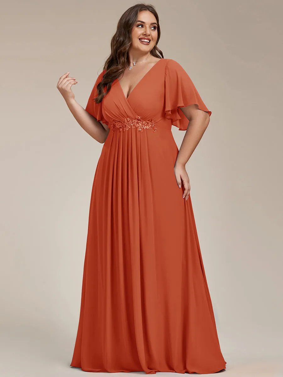 Plus Size Maxi Long Chiffon Waist  V Neck Wholesale Evening Dress with Long Sleeves