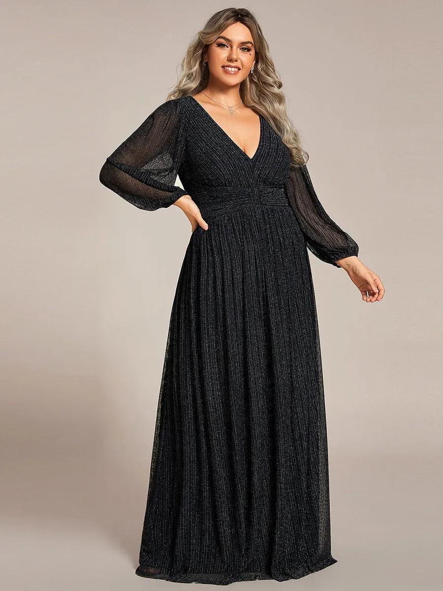 Plus Size Maxi Long Chiffon Waist  V Neck Wholesale Evening Dress with Long Sleeves