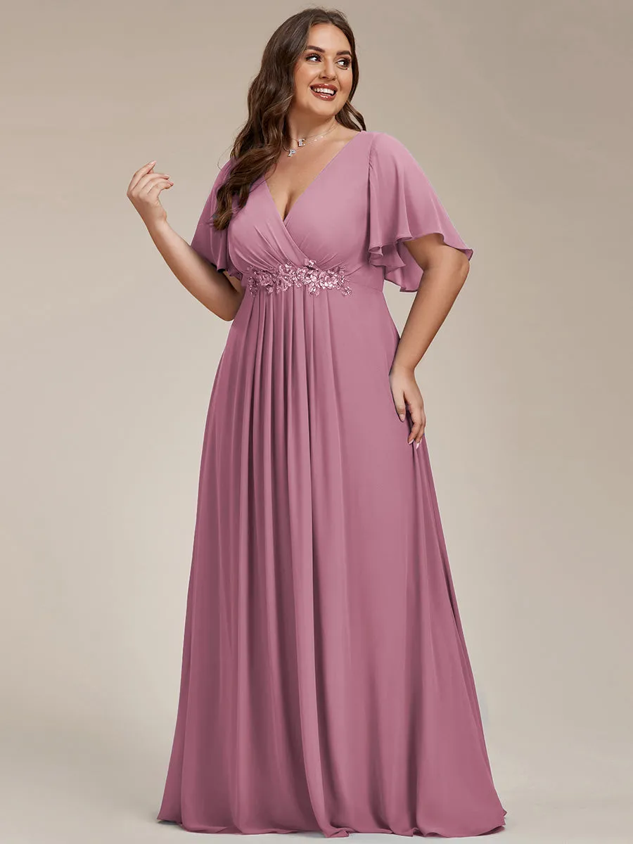 Plus Size Maxi Long Chiffon Waist  V Neck Wholesale Evening Dress with Long Sleeves