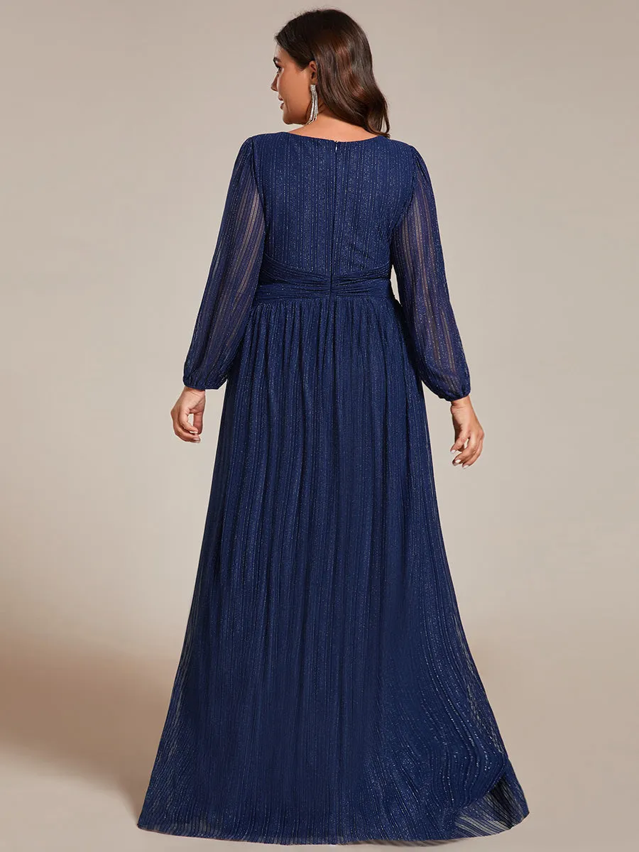 Plus Size Maxi Long Chiffon Waist  V Neck Wholesale Evening Dress with Long Sleeves